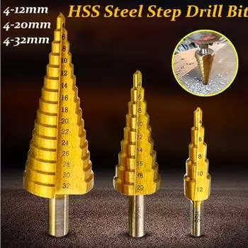 3 шт./компл., 3-12 мм, 4-12 мм, 4-20 мм, HSS, прямое канавочное ступенчатое сверло с титановым покрытием, дерево, металл, отверстие, резак, набор инструментов для колонкового бурения золотой