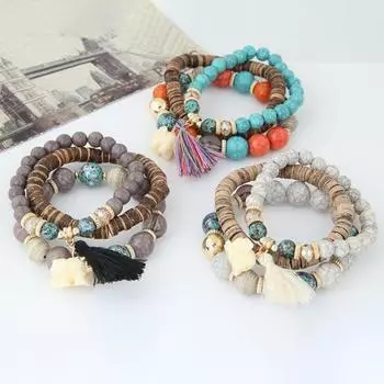 3 шт./компл. эластичная веревка, многослойные женские браслеты из смолы, женские богемные кисточки со слоном чёрный