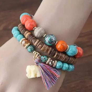 3 шт./компл. эластичная веревка, многослойные женские браслеты из смолы, женские богемные браслеты с кисточками и бусинами в виде слона, ювелирные изделия чёрный