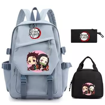 3 шт./компл. Аниме Demon Slayer нейлоновый рюкзак с сумкой для обеда для девочек, мальчиков, подростков, школьный рюкзак, мужская и женская сумка для отдыха и путешествий