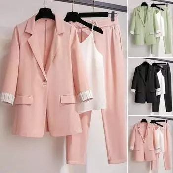 3 шт./компл., блейзер, костюм, брюки, жилет, комплект с эластичной резинкой на талии, однотонный костюм против морщин, женская одежда M зелёный