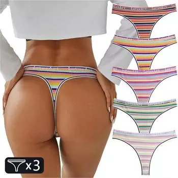 3 шт./компл. больших размеров, женские вязаные радужные стринги, удобное нижнее белье в полоску с Т-образной спиной, хлопковые трусики с низкой посадкой, женское нижнее белье M