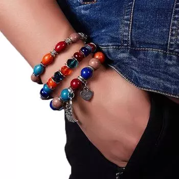 3 шт./компл. браслет с разноцветными драгоценными камнями, слон, мрамор, бохо, крылья любви, эластичный бисер, ручная работа Red