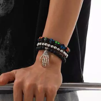 3 шт./компл. браслет в стиле панк-скелет для мужчин, эластичные бусины, готический темный череп, ладонь, подвеска, браслеты на Хэллоуин, модные многослойные украшения