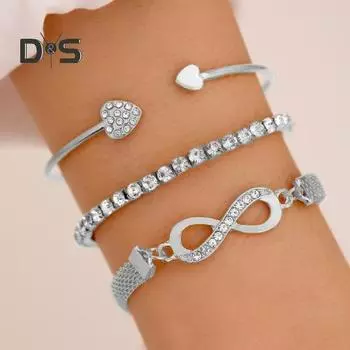 3 шт./компл. Браслеты-манжеты со стразами Сердце Открытый браслет Ювелирные изделия Ретро Lucky Stack Браслеты для женщин Регулируемый изящный браслет Подарки серебряный