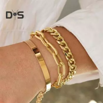 3 шт./компл. браслеты Многослойные цепочки Штабелируемые браслеты Браслеты с открытой манжетой Регулируемые модные браслеты Золотая девушка Кубинская ссылка Скрепка золотистый