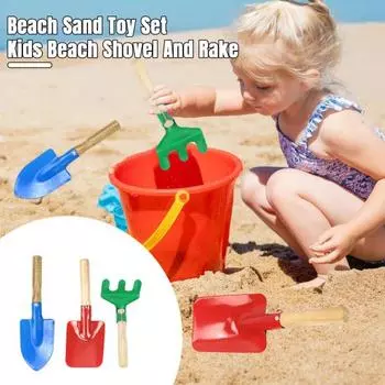 3 шт./компл., детская игрушка для пляжного песка, деревянная ручка, железная лопата, грабли, лопата для малышей, уличные летние пляжные копания, садовые инструменты 1 Set