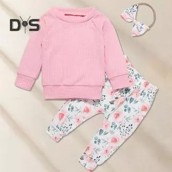 3 шт./компл. Детский костюм из топа и брюк с бантом, повязкой на голову, цветочным принтом, круглым вырезом, длинными рукавами, эластичным поясом и брюками, наряд для различных случаев 90 cm розовый