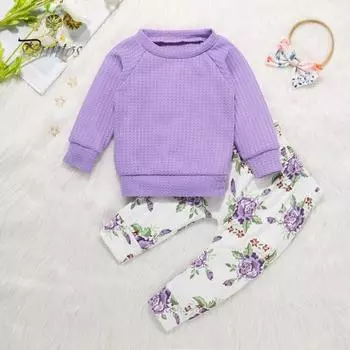 3 шт./компл. Детский костюм из топа и брюк с бантом, повязкой на голову, цветочным принтом, круглым вырезом, длинными рукавами, эластичным поясом и брюками, наряд для различных случаев 90 cm фиолетовый