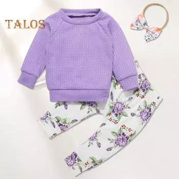 3 шт./компл. Детский костюм из топа и брюк с бантом, повязкой на голову, цветочным принтом, круглым вырезом, длинными рукавами, эластичным поясом и брюками, наряд для различных случаев 80cm розовый