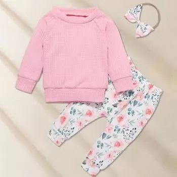 3 шт./компл. Детский костюм из топа и брюк с бантом, повязкой на голову, цветочным принтом, круглым вырезом, длинными рукавами, эластичным поясом и брюками, наряд для различных случаев 70cm розовый