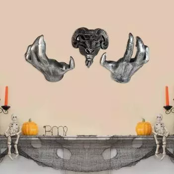 3 шт./компл. Голова овцы, настенное украшение для дома, офиса, гостиной, настенное искусство, жуткий дьявол, коза, призрак, коготь, рука, смоляная статуэтка, скульптура, настенное украшение золотистый