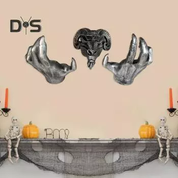 3 шт./компл. Голова овцы, настенное украшение для дома, офиса, гостиной, настенное искусство, жуткий дьявол, коза, призрак, коготь, рука, смоляная статуэтка, скульптура, настенное украшение серебряный