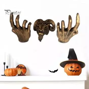 3 шт./компл. Голова овцы, настенное украшение для дома, офиса, гостиной, настенное искусство, жуткий дьявол, коза, призрак, коготь, рука, смоляная статуэтка, скульптура, настенное украшение серебряный