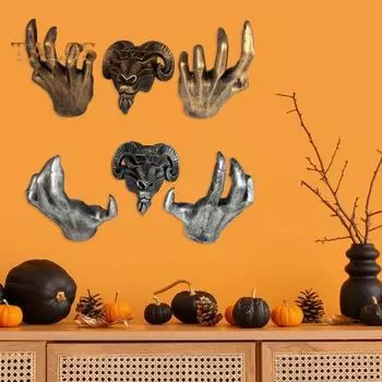 3 шт./компл. Голова овцы, настенное украшение для дома, офиса, гостиной, настенное искусство, жуткий дьявол, коза, призрак, коготь, рука, смоляная статуэтка, скульптура, настенное украшение серебряный