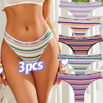3 шт./компл. хлопковые трусики для женщин, хлопковое нижнее белье в разноцветную полоску, сексуальные дышащие трусы для девочек, бразильские трусы, размер S-XL S