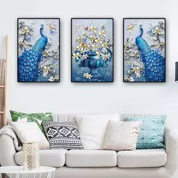 3 шт./компл. картины на холсте с павлином, настенные художественные картины, принт, винтажный декор, настенные украшения для декора гостиной 15.7*23.6 Inch/40*60cmX3Pcs