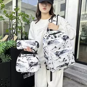 3 шт./компл. китайские нейлоновые рюкзаки с принтом в стиле стирки чернил для подростков, девочек, дорожные сумки через плечо Mochila, студенческие сумки-пеналы чёрный