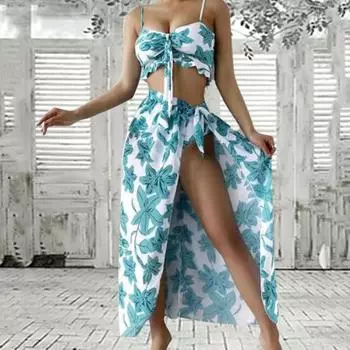 3 шт./компл. комплект бикини с красочным цветочным принтом на шнуровке на тонких бретельках, купальник, юбка для пляжа S красный