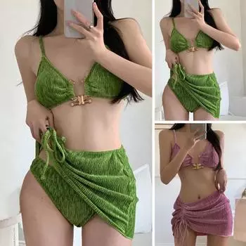 3 шт./компл., комплект из ребристого металлического кольца, комплект накидки на бикини, боковой шнурок с подкладкой, бюстгальтер на слинге без косточек, высокий зелёный