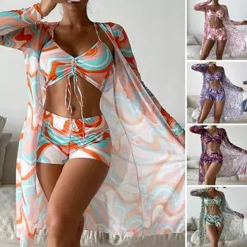 3 шт./компл. комплект накидки на бикини с длинными рукавами контрастного цвета на бретельках-спагетти XL