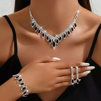 3 шт./компл., комплект ожерелья и серег, блестящие стразы, каплевидная форма, регулируемое ожерелье, браслет, висячие серьги, комплект чёрный