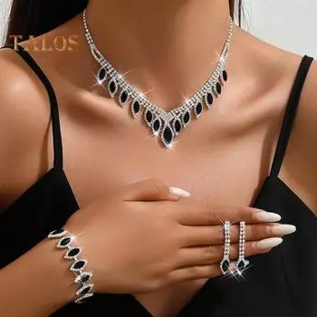 3 шт./компл., комплект ожерелья и серег, блестящие стразы, каплевидная форма, регулируемое ожерелье, браслет, висячие серьги, комплект чёрный