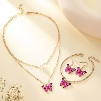 3 шт./компл., комплект ювелирных изделий из сплава, темно-розовая бабочка, украшение, не вызывает аллергии, милое регулируемое ожерелье, браслет, очаровательный комплект ювелирных изделий