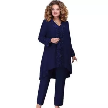 3 шт./компл. костюм с v-образным вырезом и вышивкой, нерегулярная длинная рубашка, топ, брюки, повседневный свободный наряд больших размеров 4XL темно-синий