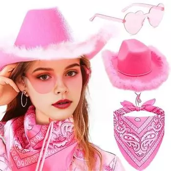 3 шт./компл. ковбойская шляпа, женская розовая фетровая шляпа в стиле вестерн, ковбойская шляпа с банданой, очки, аксессуары, головной убор F