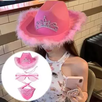 3 шт./компл. ковбойская шляпа, женская розовая фетровая шляпа в стиле вестерн, ковбойская шляпа с банданой, очки, аксессуары, головной убор A