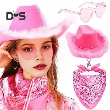 3 шт./компл. ковбойская шляпа, женская розовая фетровая шляпа в стиле вестерн, ковбойская шляпа с банданой, очки, аксессуары, головной убор H