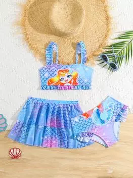 3 шт./компл. купальники для девочек, верх, низ, юбка, детские бикини, детский купальный костюм, купальник, пляжная одежда 110 синий