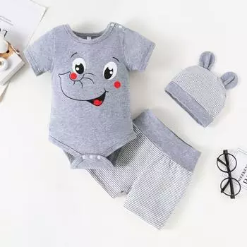 3 шт./компл., летние шорты для маленьких мальчиков, наряды с короткими рукавами, милый боди с принтом слона, комбинезон + полосатые шорты + шапка, комплект повседневной одежды, От 0 до 12 месяцев 100