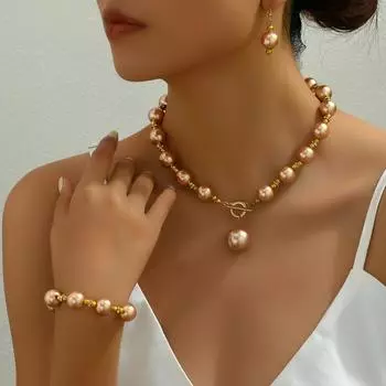 3 шт./компл. медное ожерелье, браслет, серьги, комплект ювелирных изделий, французский стиль, комплект украшений из искусственного жемчуга из бисера для банкета, выпускного вечера, вечеринки, аксессуары для свиданий золотой