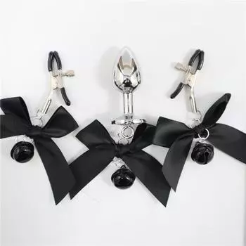 3 шт./компл. металлические колокольчики, анальная пробка, анальная пробка из нержавеющей стали, анальная пробка, галстук-бабочка, зажим для груди, пара секс-игрушек для женщин и мужчин Anal plug + nipple clamp