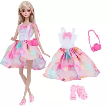 3 шт./компл. Модное летнее платье для куклы Барби 30 см, одежда для куклы-девочки с туфлями на высоком каблуке, сумочкой, аксессуарами для камеры, детская игрушка, подарок