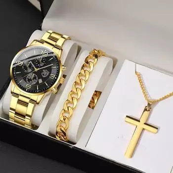 3 шт./компл. модные мужские деловые кварцевые часы с ремешком из нержавеющей стали, наручные часы и браслет, комплект ожерелья, мужские подарки