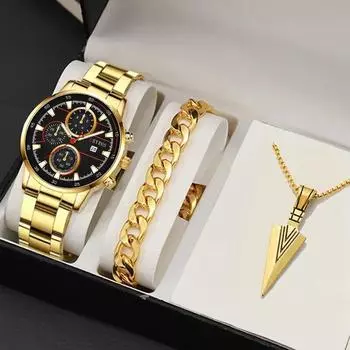 3 шт./компл. модные мужские деловые кварцевые наручные часы с круглым циферблатом из нержавеющей стали, мужской браслет и мужское ожерелье, идеальный выбор для подарков