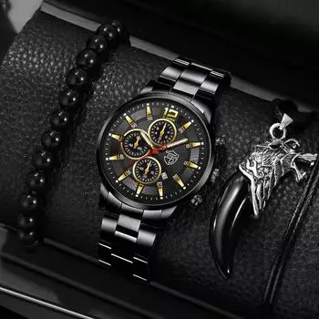 3 шт./компл. модные мужские повседневные кварцевые часы со светящимся ремешком из нержавеющей стали, наручные часы и браслет, комплект ожерелья