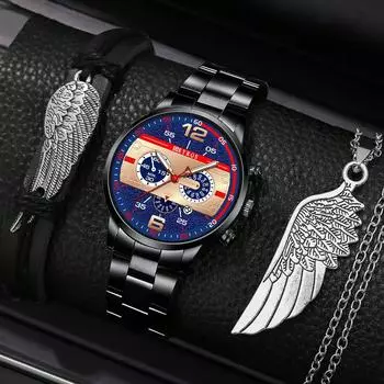 3 шт./компл. модные мужские повседневные кварцевые часы, аналоговые наручные часы из искусственной кожи и браслет, комплект ожерелья