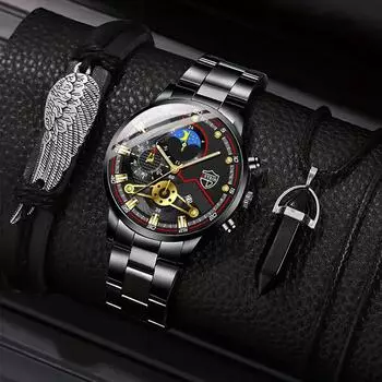 3 шт./компл., модные мужские повседневные кварцевые часы с ремешком из нержавеющей стали и браслет, комплект ожерелья, идеальный выбор для подарков