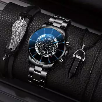 3 шт./компл., модные мужские повседневные кварцевые часы с ремешком из нержавеющей стали и браслет, комплект ожерелья, идеальный выбор для подарков