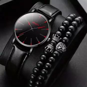 3 шт./компл., модные мужские повседневные спортивные кварцевые часы с ремешком из искусственной кожи и браслеты с короной в виде головы льва, идеальный выбор для подарков