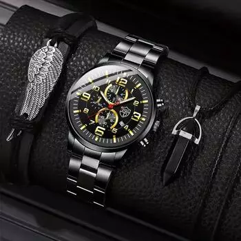 3 шт./компл., модные мужские роскошные деловые кварцевые часы с ремешком из нержавеющей стали и браслет, комплект ожерелья, мужские подарки