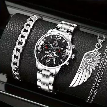 3 шт./компл., модные мужские спортивные кварцевые часы с календарем с ремешком из нержавеющей стали, браслетом и ожерельем, лучшие подарки для него ярко-розовый