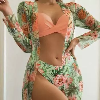 3 шт./компл. модный купальный костюм, сексуальное платье, термоусадочный летний комплект из трех предметов, комплект бикини, пляжная одежда XL розовый/зелёный