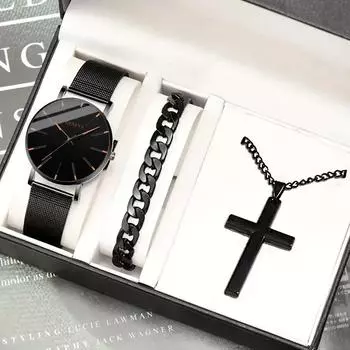 3 шт./компл. модный мужской деловой сетчатый ремень из нержавеющей стали, кварцевые часы, мужской браслет и мужское ожерелье, подарки на день отца