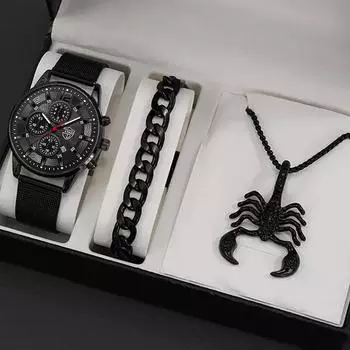 3 шт./компл. модный мужской повседневный сетчатый ремень из нержавеющей стали, кварцевые часы и браслет, комплект ожерелья, идеальный выбор для подарков