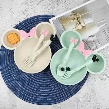 3 шт./компл., мультяшная детская миска, набор посуды, пшеничная солома, детская посуда, детская тарелка для ужина, тарелка для кормления с бантом, тарелка для еды, ложка, вилка розовый